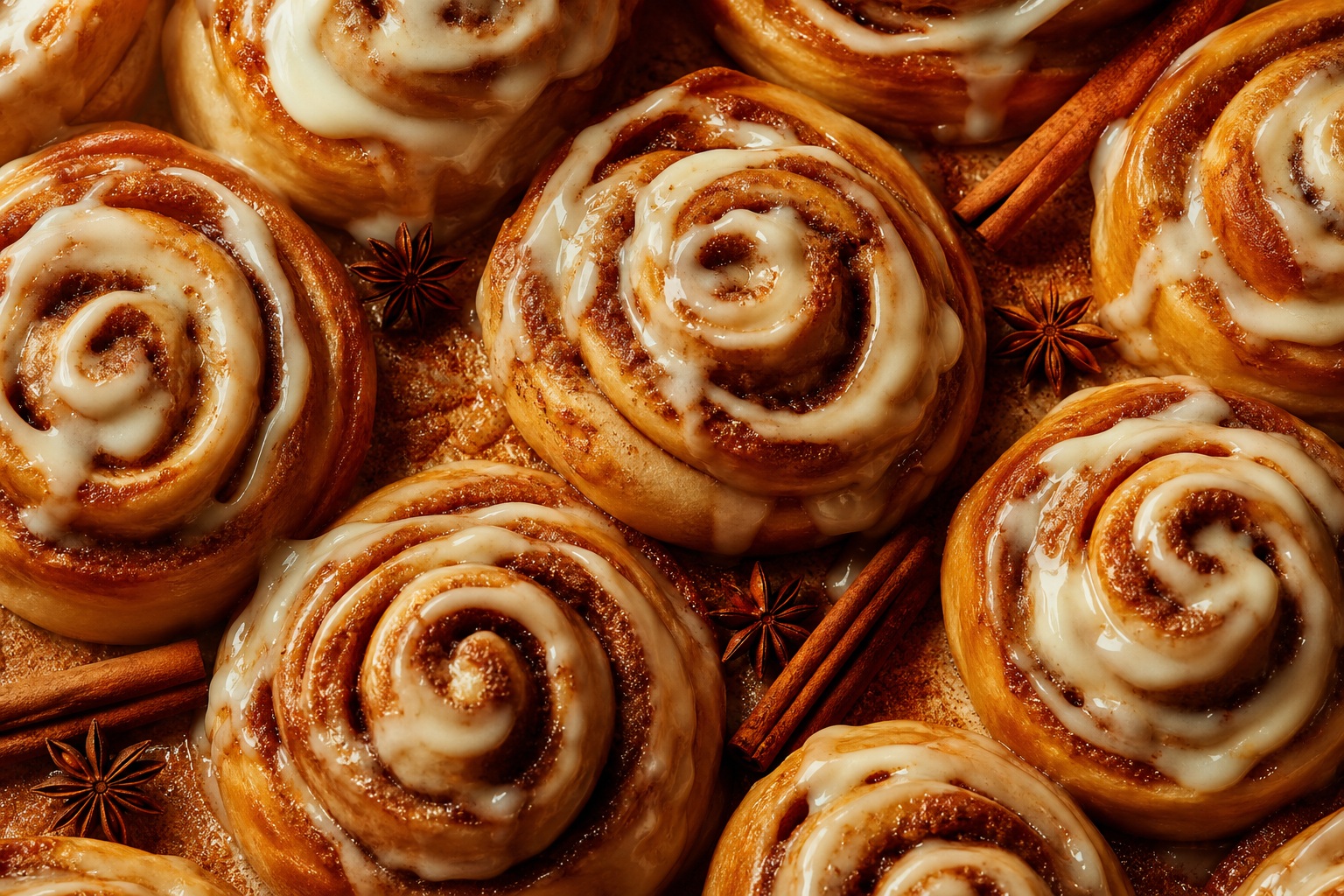Overhead view of cinnamon rolls with icing swirls arranged in a warm textured pattern