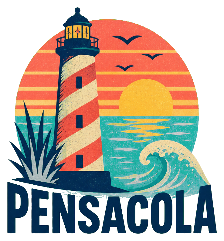 Retro lighthouse sticker with sunset, waves, and the word Pensacola.