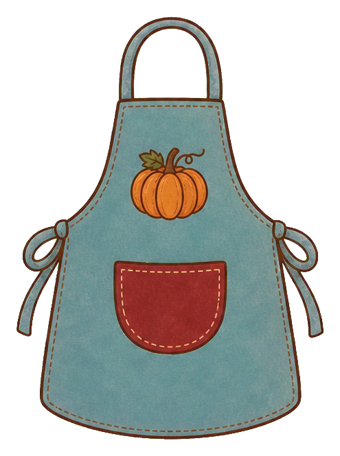 Dusty blue apron with pumpkin pocket and side ties
