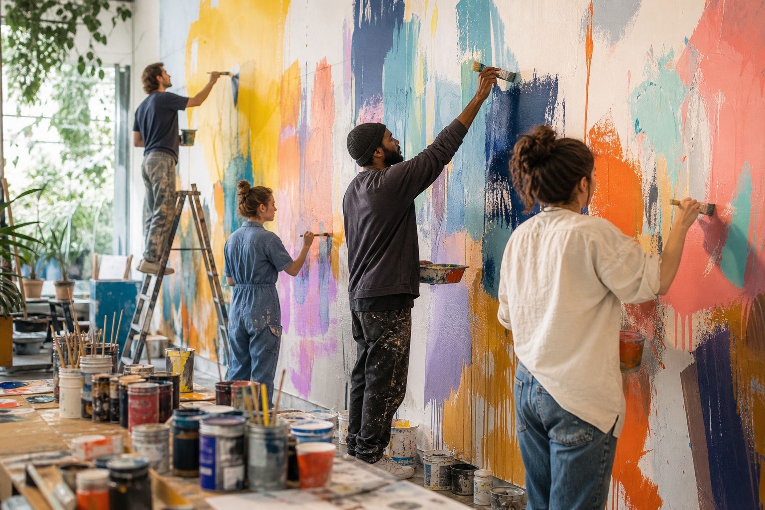 People painting a colorful mural on a studio wall together