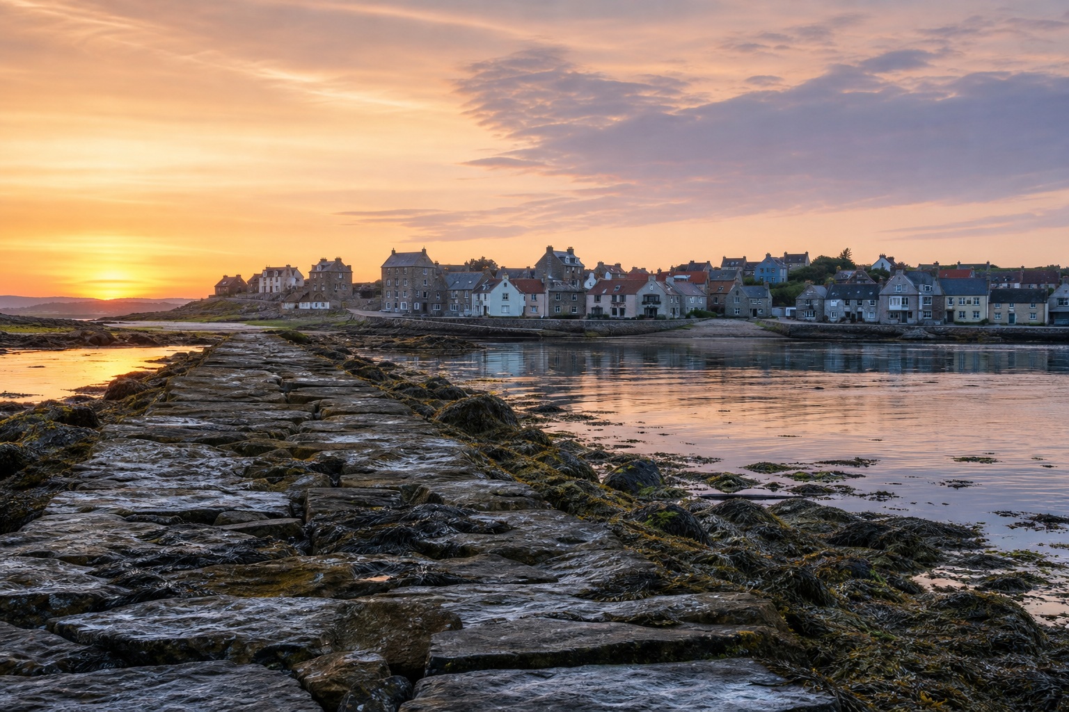 Rocky breakwater leading toward a coastal village at sunrise with glowing shoreline lights.