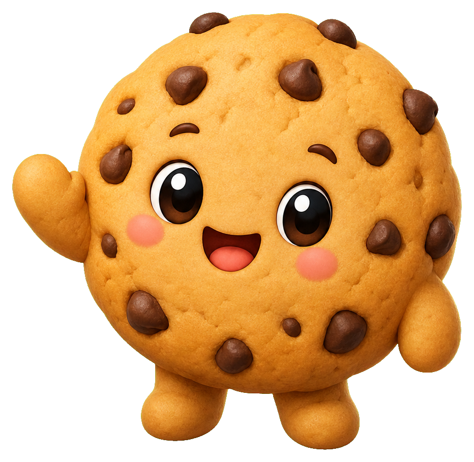 Cute smiling cookie mascot with chocolate chips, rosy cheeks, and small arms and legs