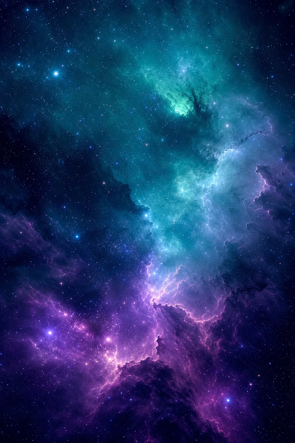 Vertical teal and purple nebula with scattered stars in a cosmic space scene