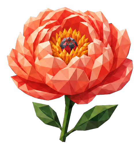 Faceted coral peony flower with green leaves and stem
