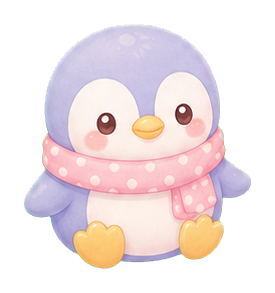 Cute tiny penguin wearing a pink polka-dot scarf and sitting with yellow feet.