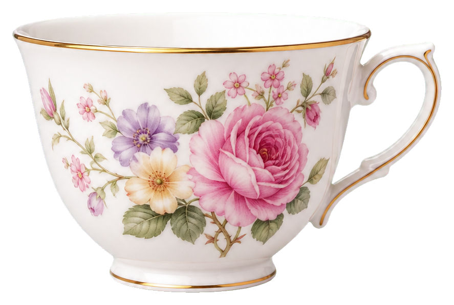 White floral teacup with pink flowers and a gold-trimmed handle and rim