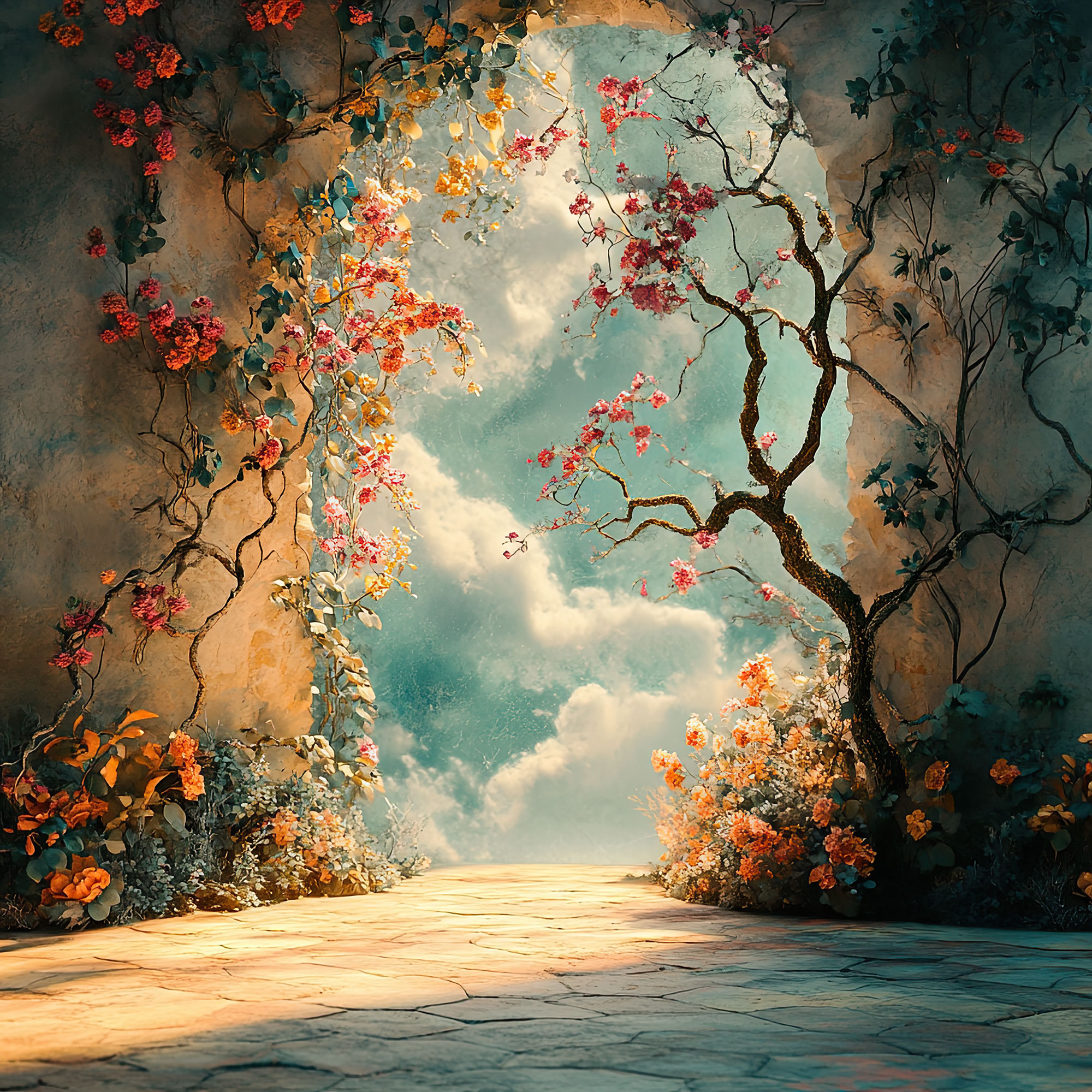 Preview for Serene-pathway-through-blooming-trees-nature-backdrop-background-56694