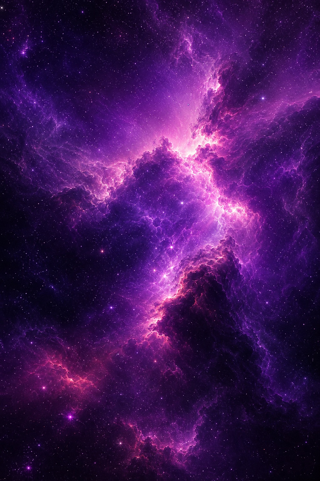 Vertical purple nebula clouds with bright stars across a dark space background.