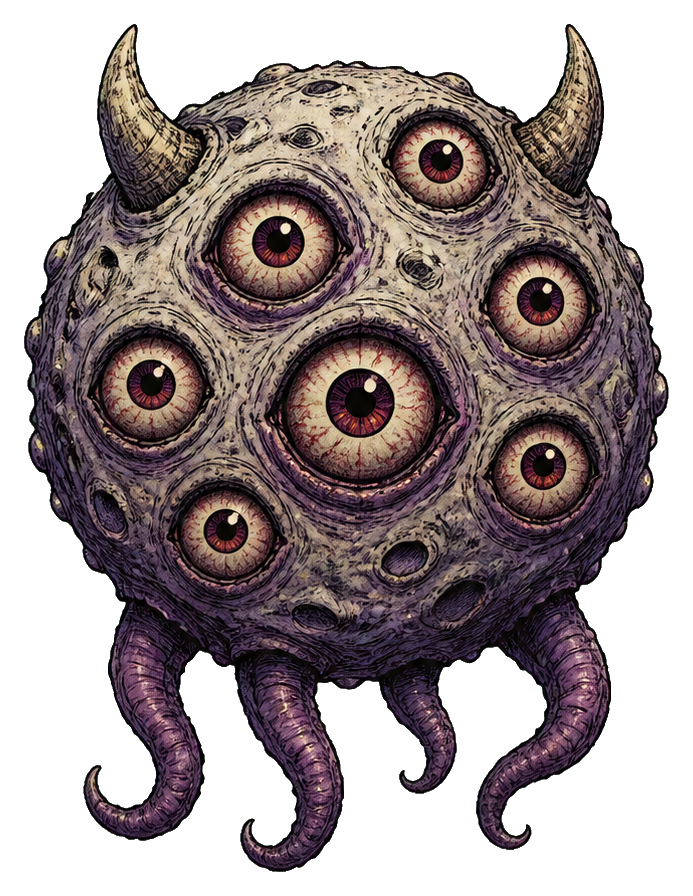 Round purple monster with many eyes, small horns, and dangling tentacles