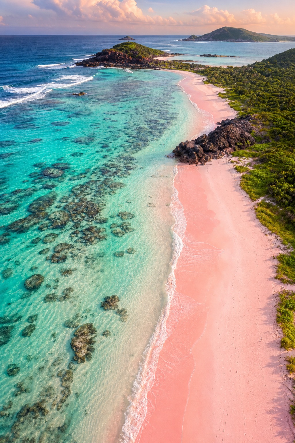 Aerial view of turquoise tropical water beside a curved pink sand beach and rocky coastline.
