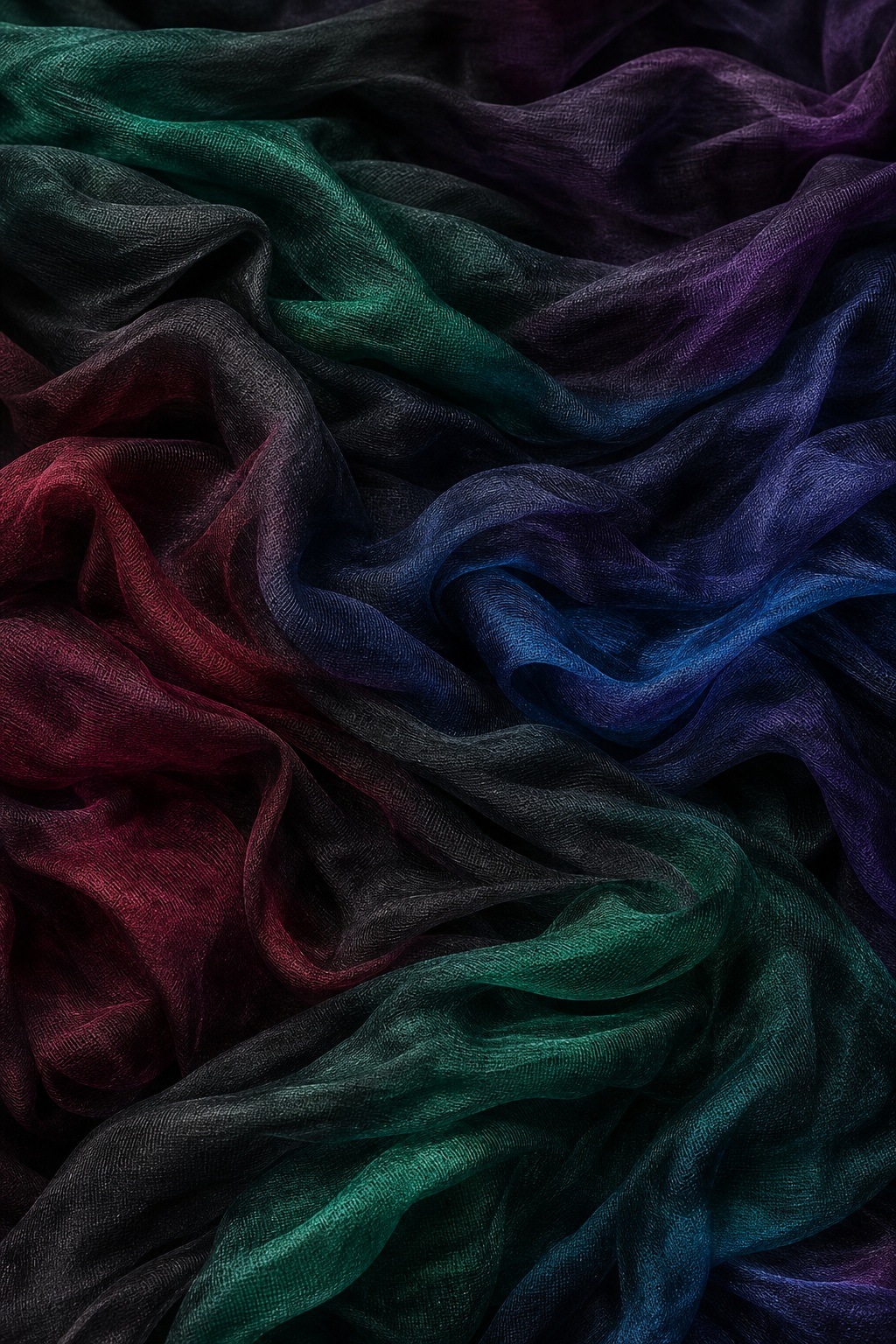 Layered gauze-like fabric folds in dark jewel tones of red, green, blue, and purple.