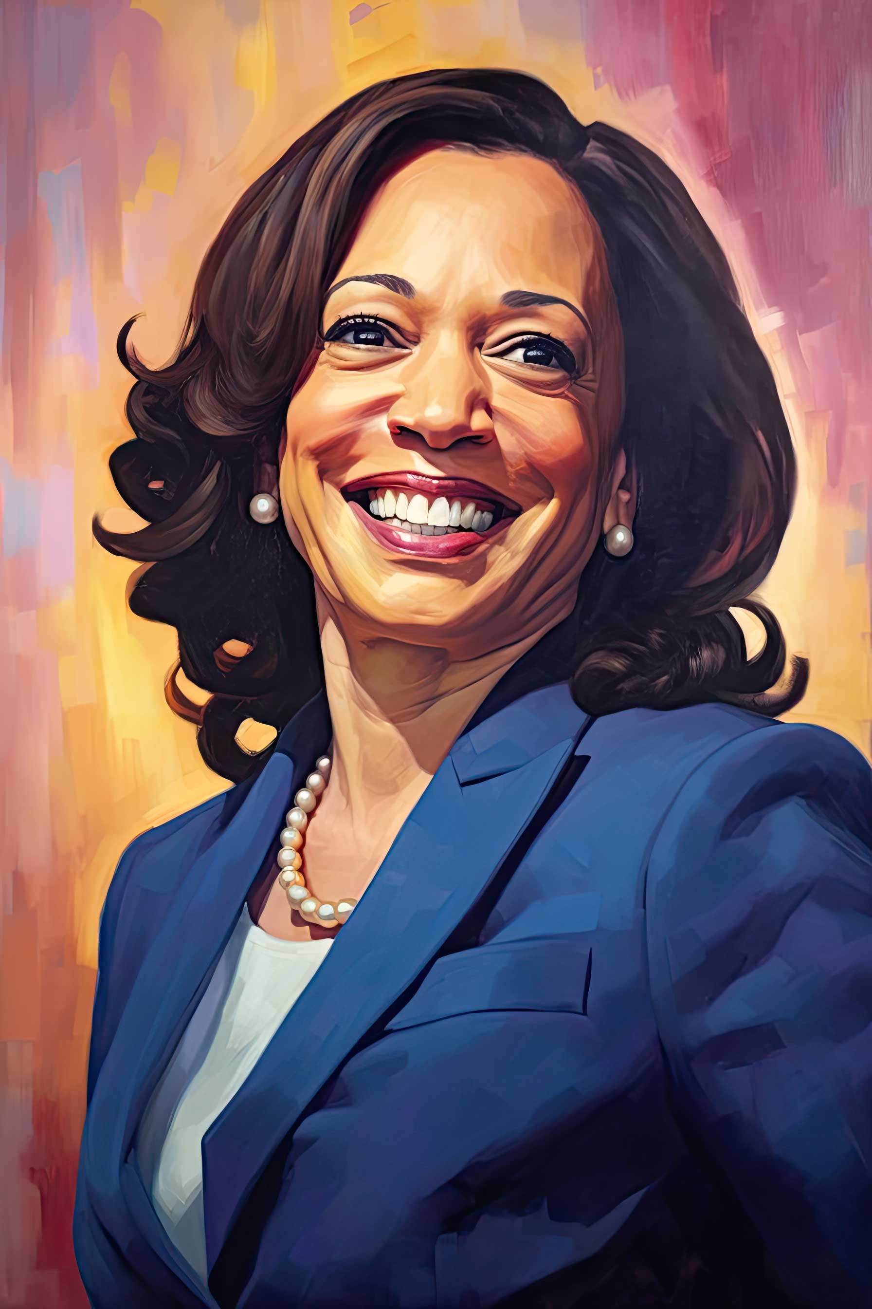 Smiling woman in a blue blazer against a colorful painted background.