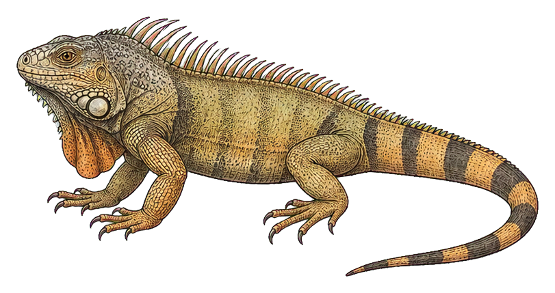 Vintage-style illustration of an iguana standing in profile.