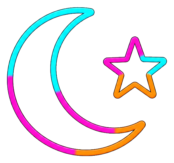 A neon-style crescent moon with a glowing star outline beside it.