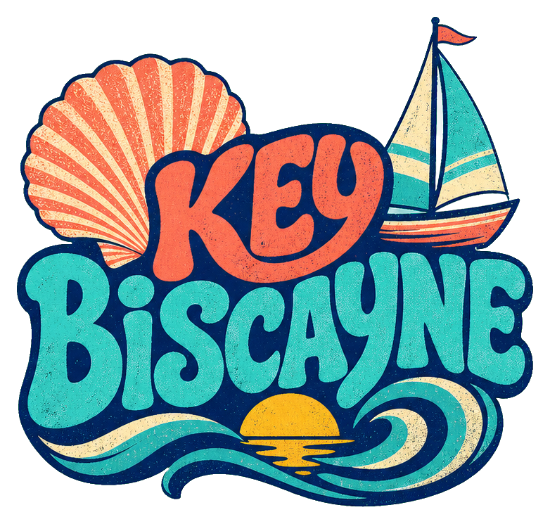 Retro Key Biscayne text with a shell, sailboat, sun, and wave illustration.