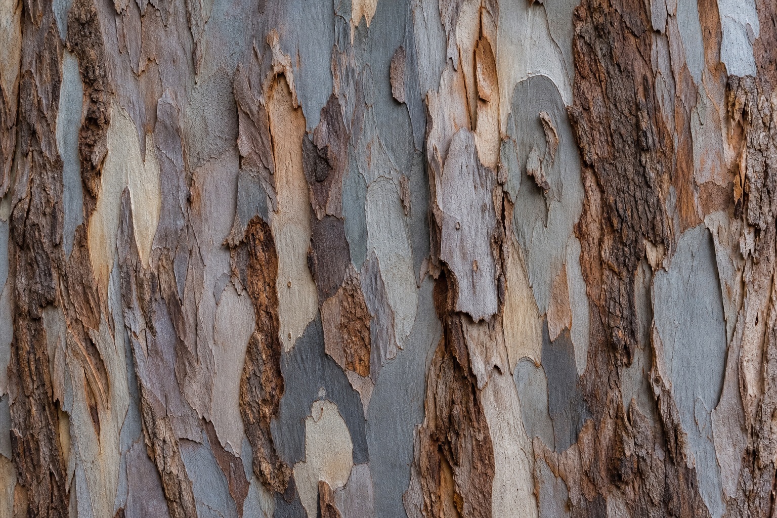 Close-up of weathered eucalyptus bark in layered gray and brown patches.