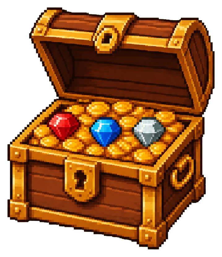 Open pixel art treasure chest filled with gold coins and colorful gems