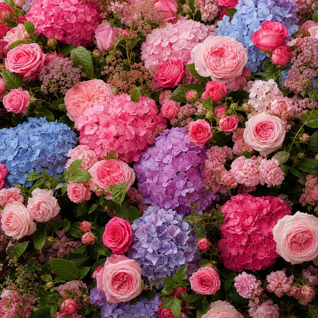 Dense pink roses and blue hydrangeas in a lush full bloom floral arrangement.