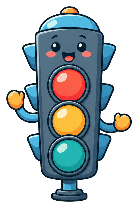 Cute smiling traffic light with red, yellow, and green lights and small heart accents