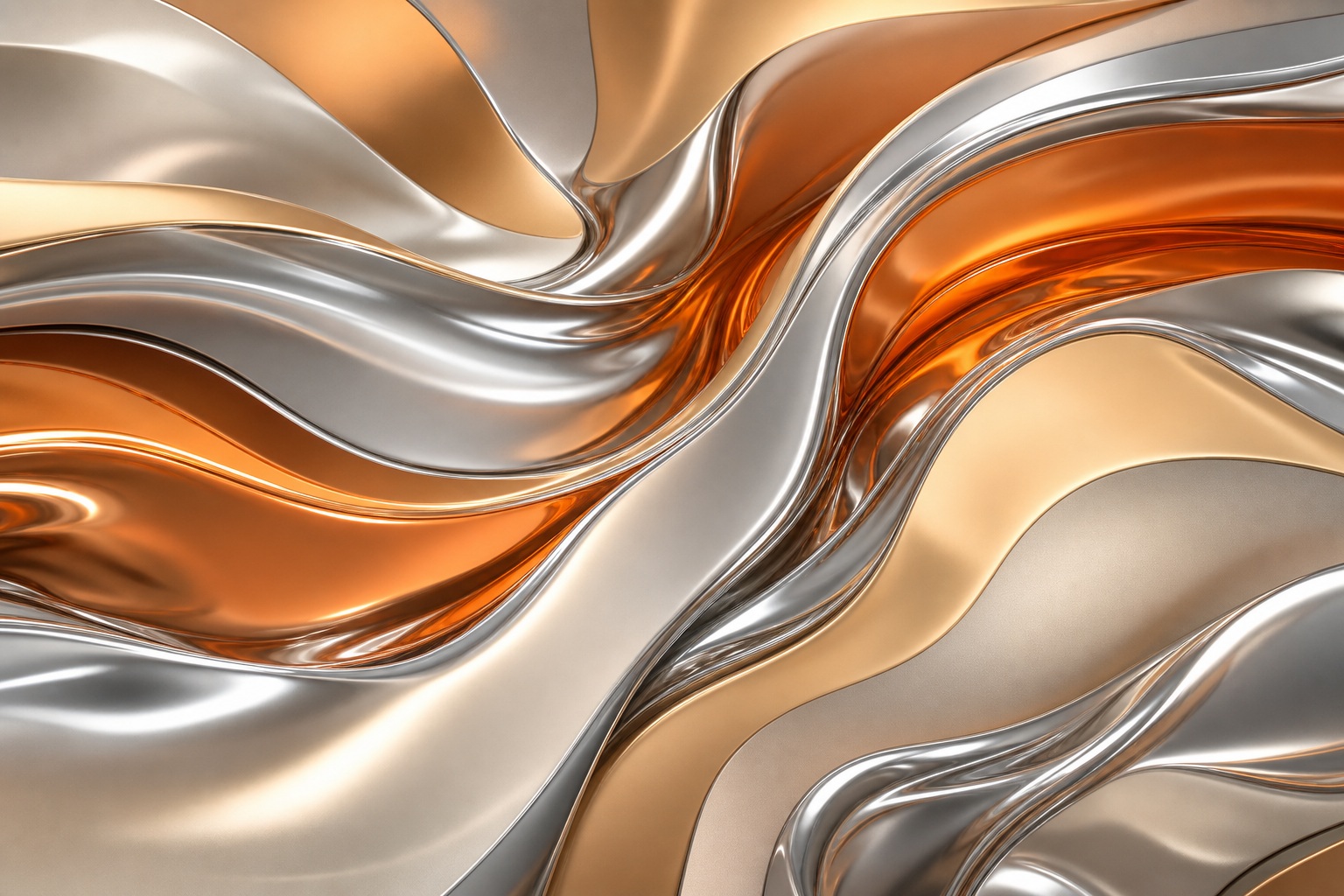 Abstract chrome and amber liquid-metal ribbons flowing across a metallic background