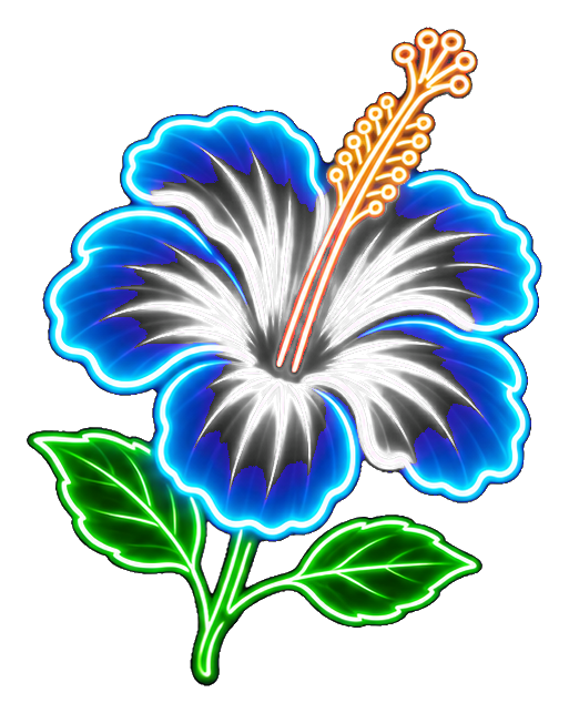 Neon hibiscus flower with cyan and pink glowing petals and green leaves