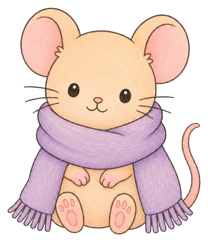 Cute kawaii mouse with a purple scarf sitting with paws visible.