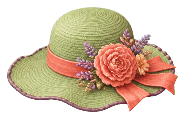 Straw garden hat with coral ribbon and floral decoration on the brim