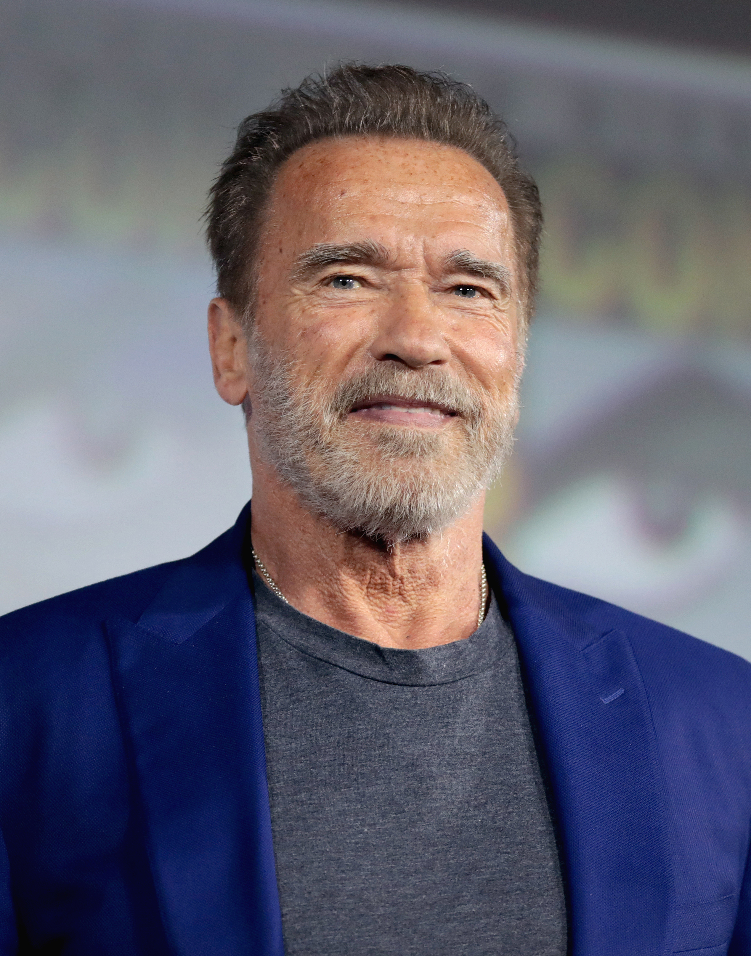Portrait of Arnold Schwarzenegger wearing a blue blazer and dark shirt.