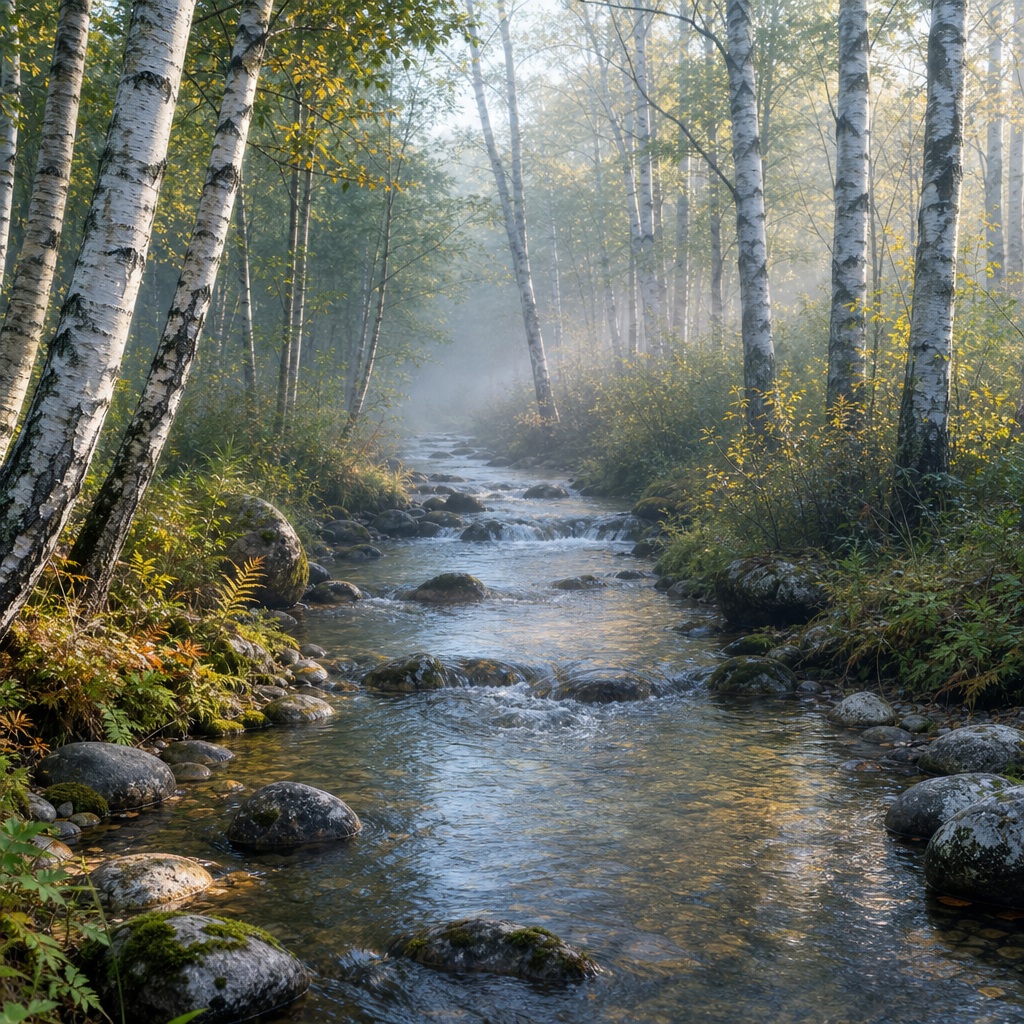 Misty creek flowing through a birch grove in a forest at dawn.