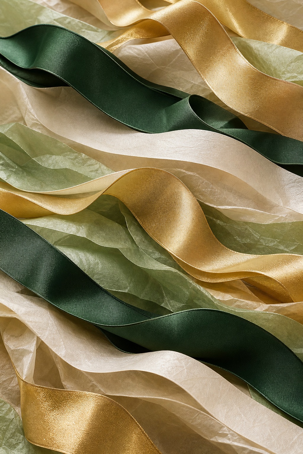 Forest green and gold fabric ribbons flowing in layered waves over a textured background.