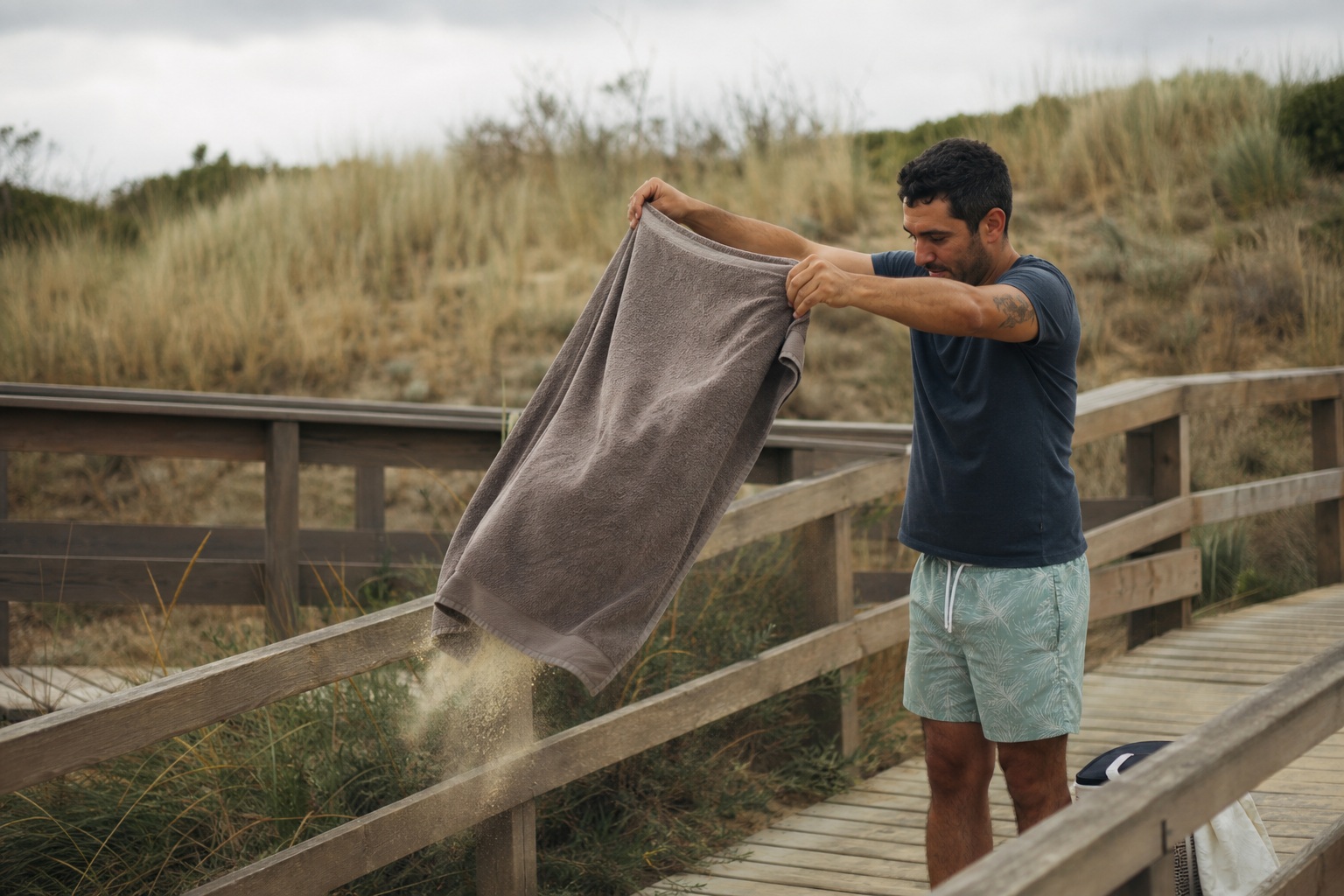 Man shaking a towel on a wooden boardwalk beside beach dunes.