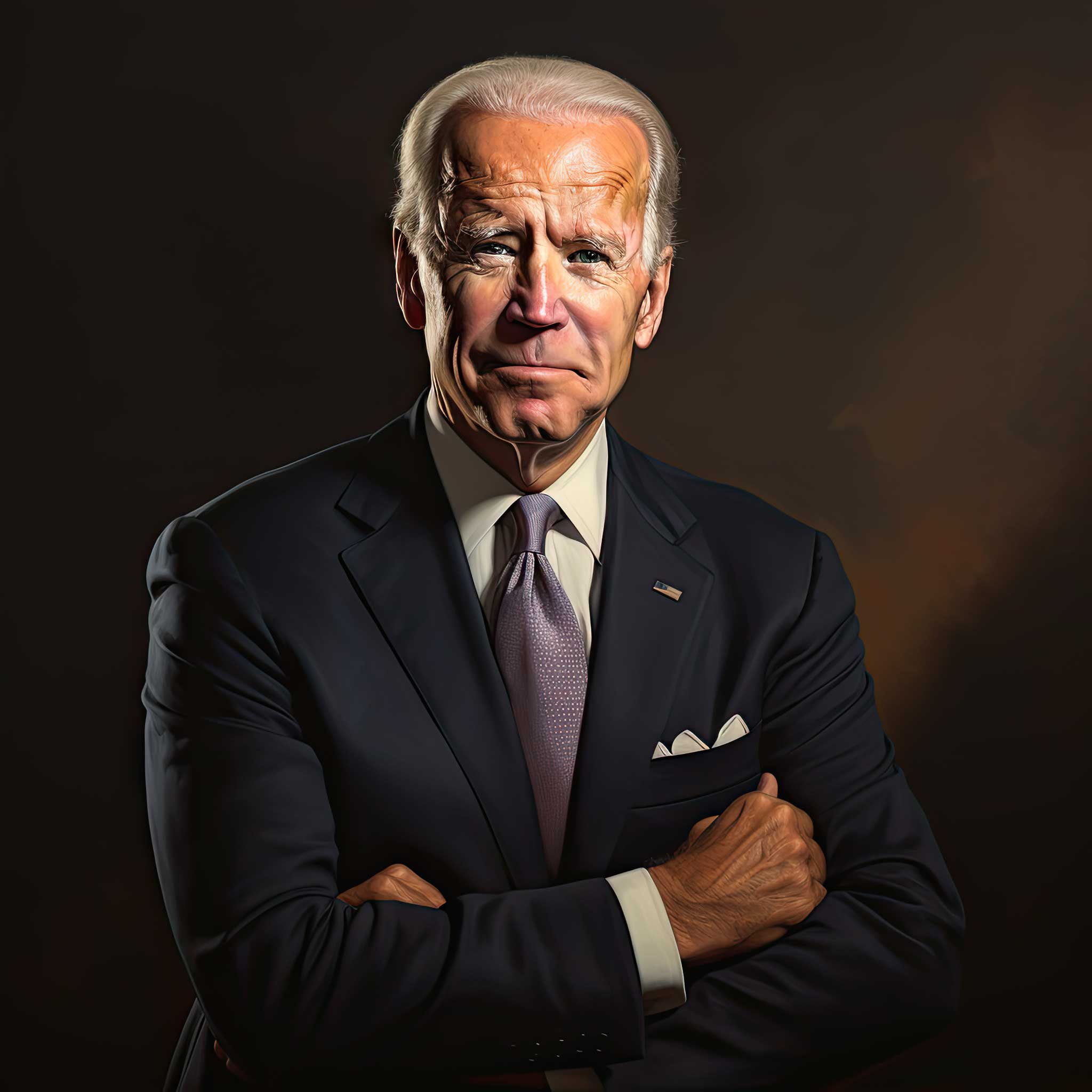 Formal portrait of Joe Biden with arms crossed against a dark background.