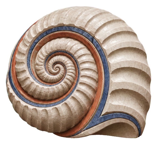 A spiral shell sticker with marble-like cream, tan, and blue bands.