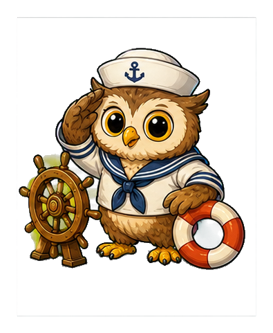 Cute owl in a sailor hat holding a ship wheel and life preserver