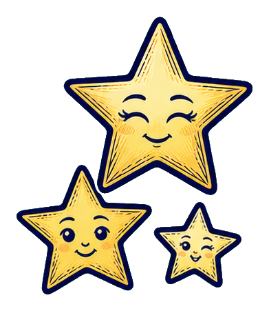 Three smiling star characters in different sizes with cute faces.