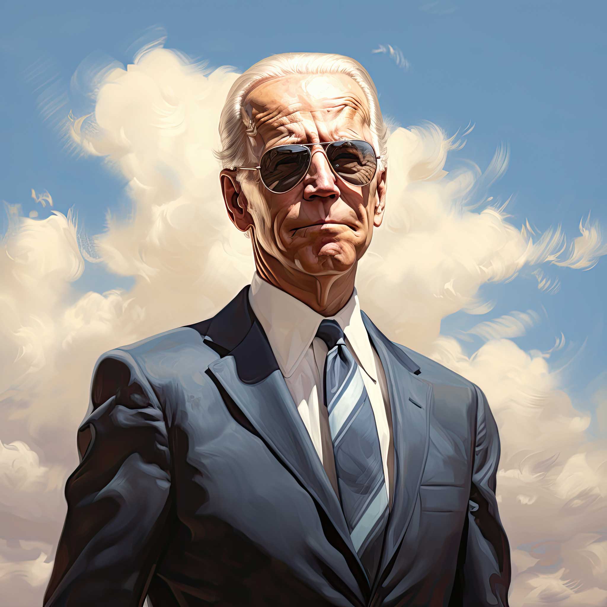 Stylized portrait of Joe Biden in a suit against a cloudy blue sky.