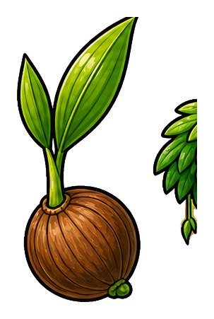 Young coconut sprout with green leaves growing from a brown coconut shell