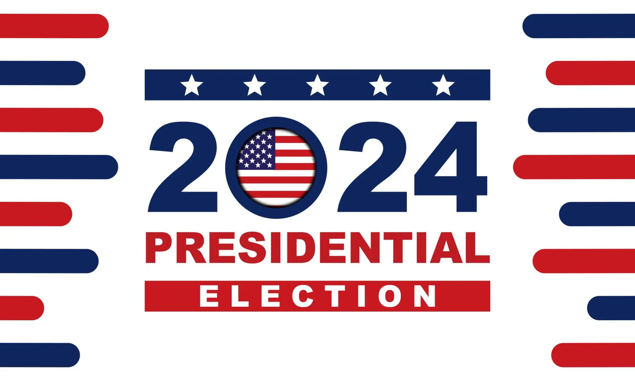 Patriotic 2024 US Presidential Election graphic with stars, stripes, and bold red and blue lettering.