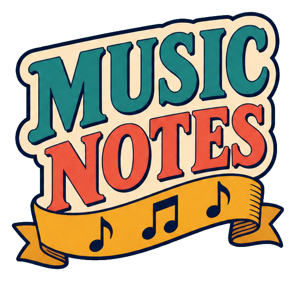Retro text sticker reading Music Notes above a ribbon with musical notes
