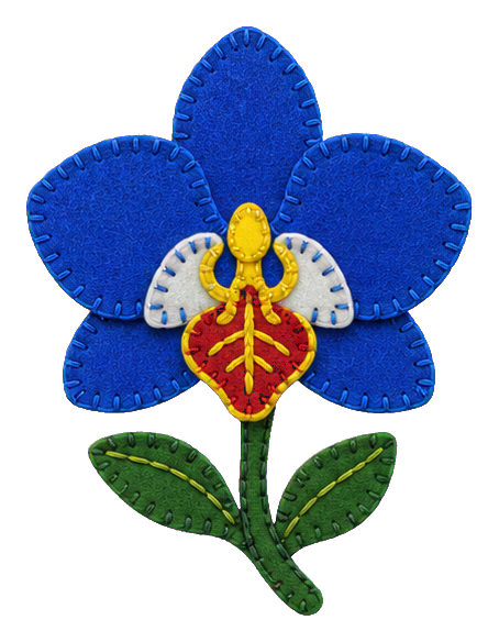 Blue felt orchid with yellow and red center, green stem, and two leaves