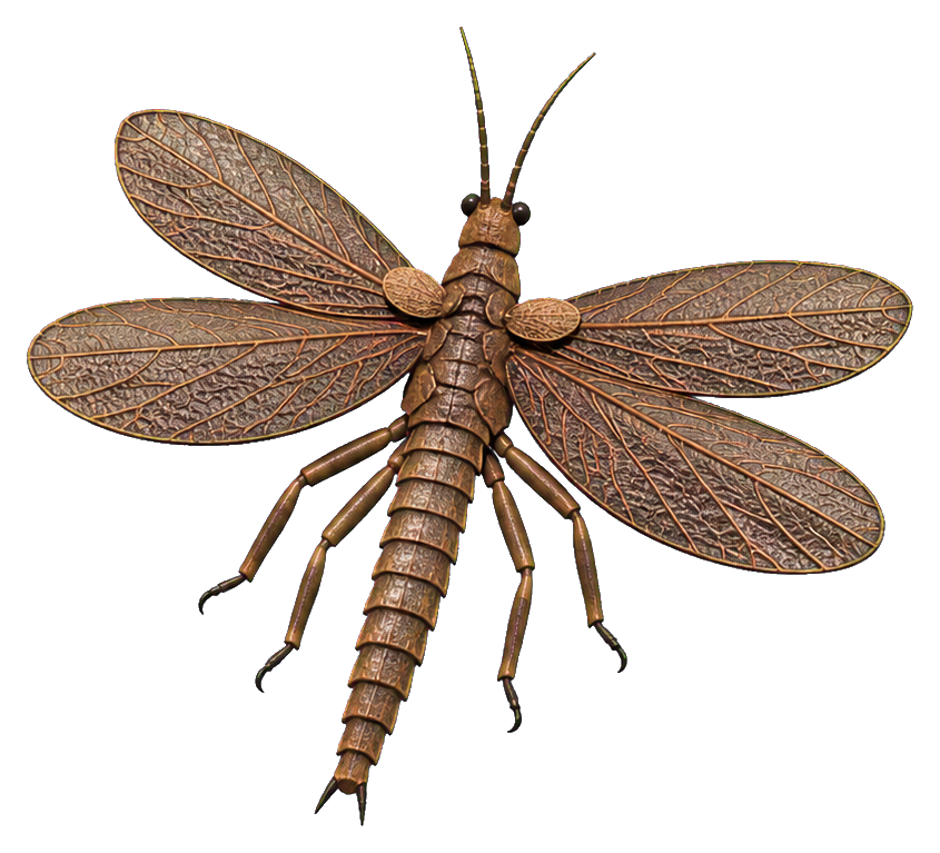 Illustrated prehistoric winged Delitzschala insect with segmented body and extended legs