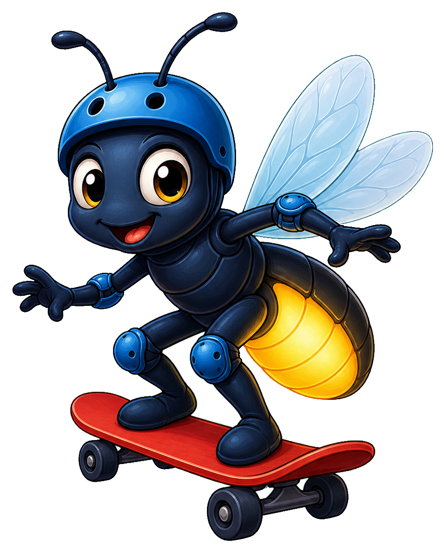 Smiling cartoon firefly with blue wings riding a red skateboard.