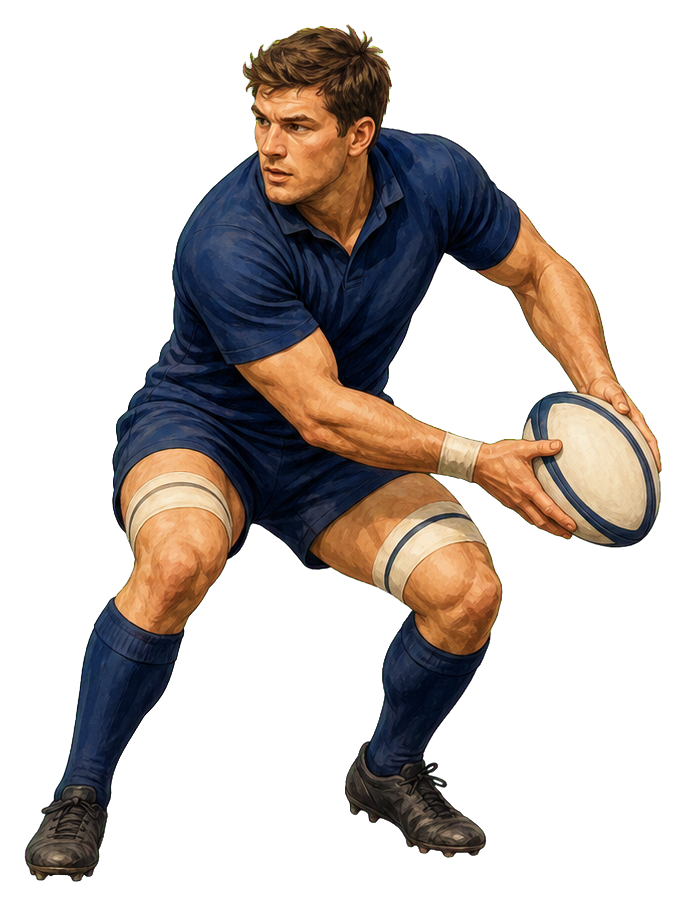 A crouching rugby player holding a ball in a ready action stance.