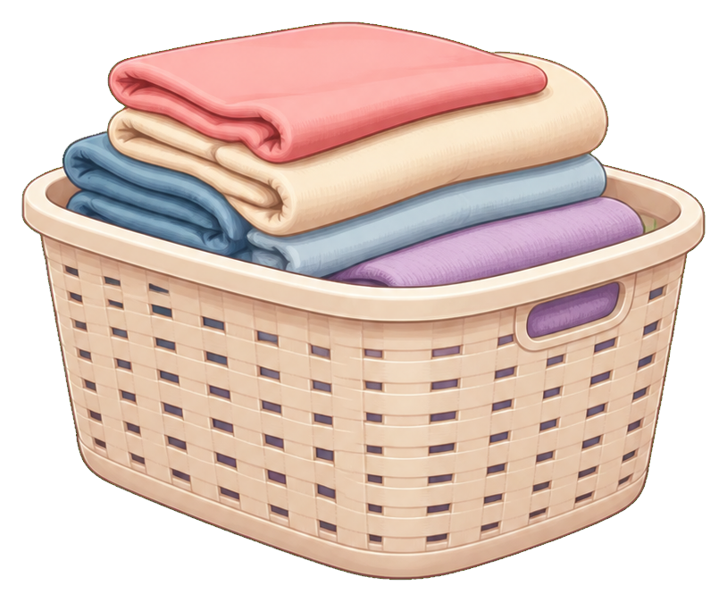 Illustrated laundry basket filled with folded towels and linens.