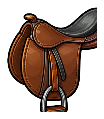 Brown horse saddle with stirrup and black seat on transparent background