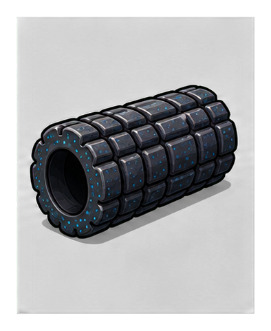 A dark textured foam roller shown at an angle on a black background.