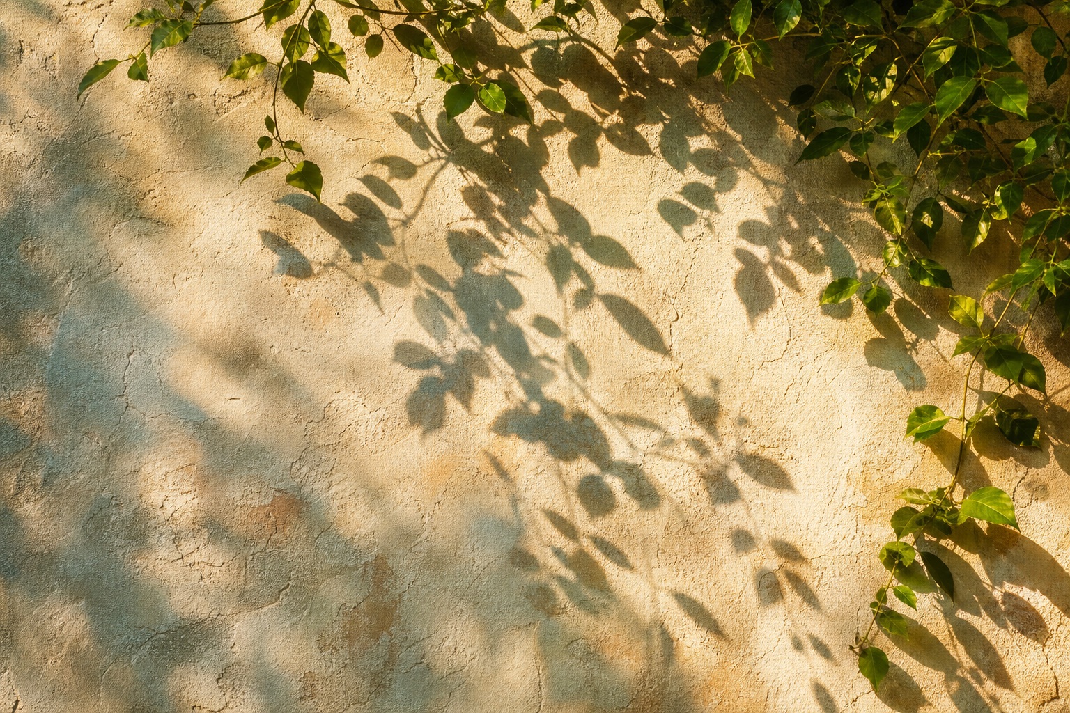 Sunlit plaster wall with leafy vine shadows and a soft natural light pattern.