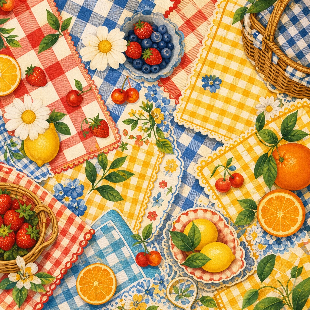Retro picnic pattern with fruit, napkins, checks, and summer picnic items