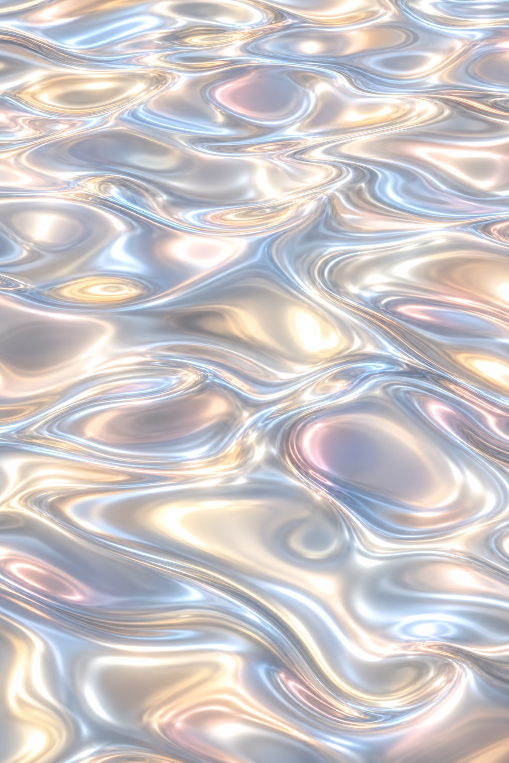 Pearl-toned rippled liquid chrome with reflective metallic waves and soft highlights