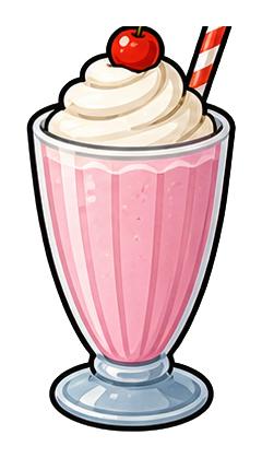 Pink milkshake glass topped with whipped cream, cherry, and striped straw.